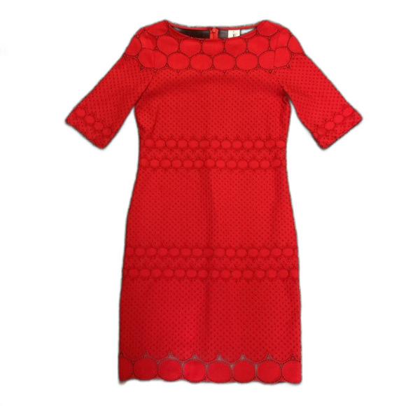 Julia Jordan Red Black Eyelet Elbow Sleeve Knee Length Bodycon Dress Size 4 - Picture 2 of 14